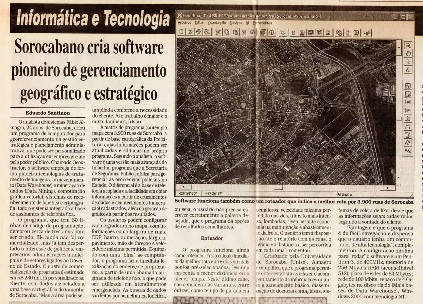 Recorte de jornal: 'Sorocabano cria software pioneiro de gerenciamento geográfico e estratégico' — sobre o GeoXtractor